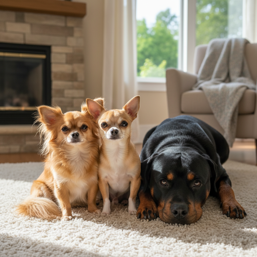Gere uma Foto que tenha um chihuahua pelo curto, um chihuahua pelo longo e um Rottweiler todos juntos na mesma imagem.