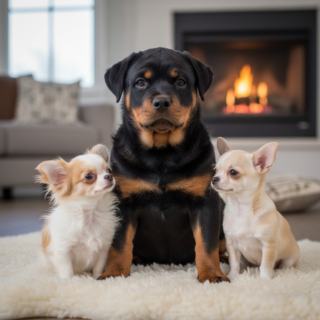 Foto de um Filhote Rottweiler junto com dois filhotes chihuahua, um pelo curto e um pelo longo.