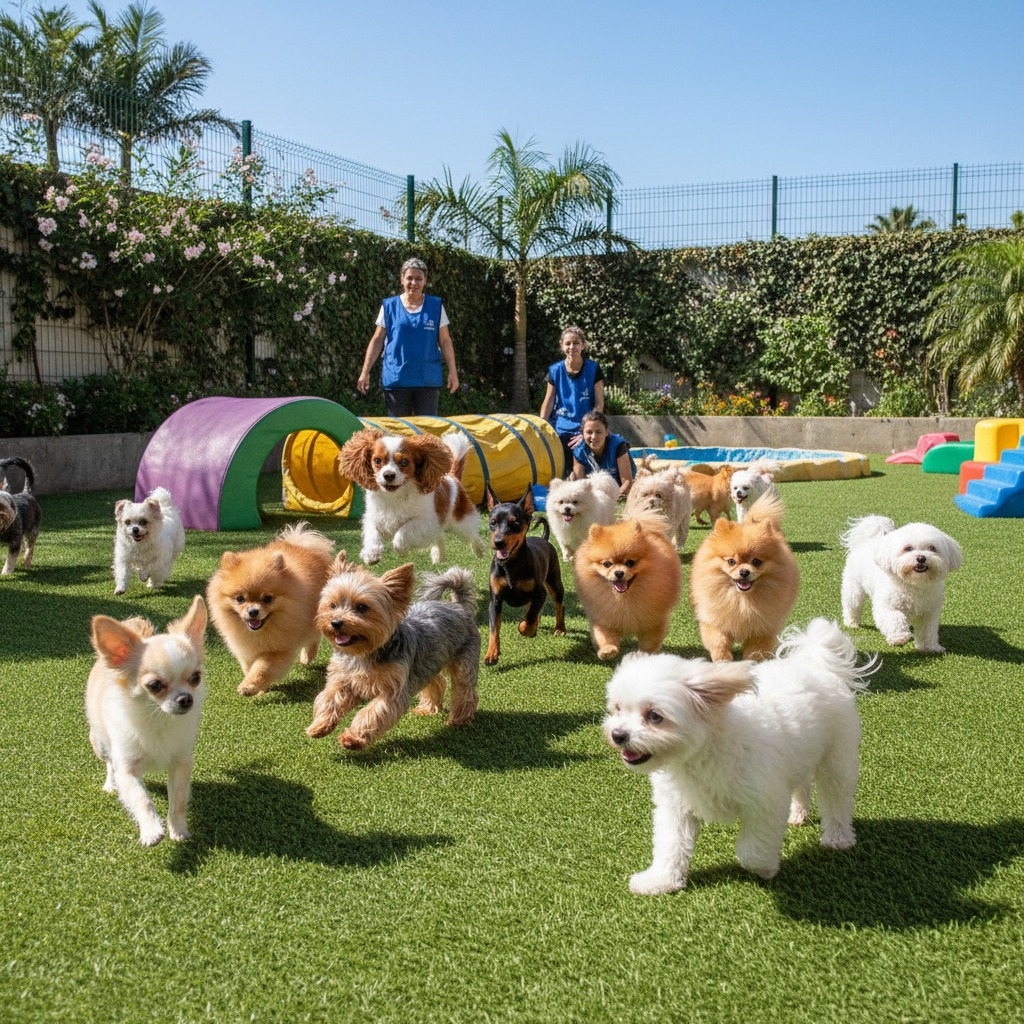 Vários cães lindos correndo no day care , chihuahua, shitzun, spitz alemão, pincher, yorkshre, maltez, cavalier...