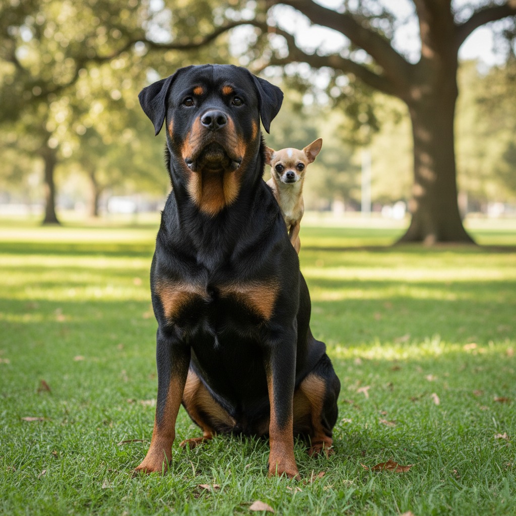 Foto de um Rottweiler junto com um chihuahua